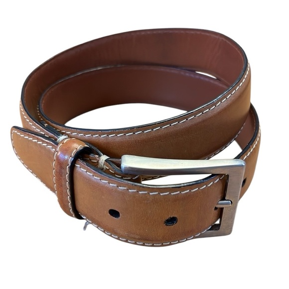 Peter Elliot Tan Leather Belt 34” Silver-Tone Brass Buckle Contrast Stitch Italy - Picture 13 of 16